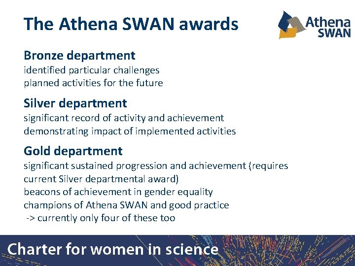 The Athena SWAN awards Bronze department identified particular challenges planned activities for the future