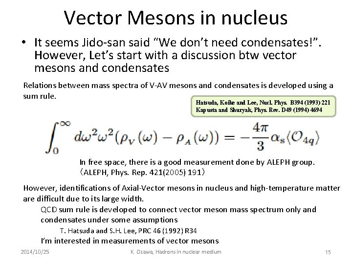 Vector Mesons in nucleus • It seems Jido-san said “We don’t need condensates!”. However,
