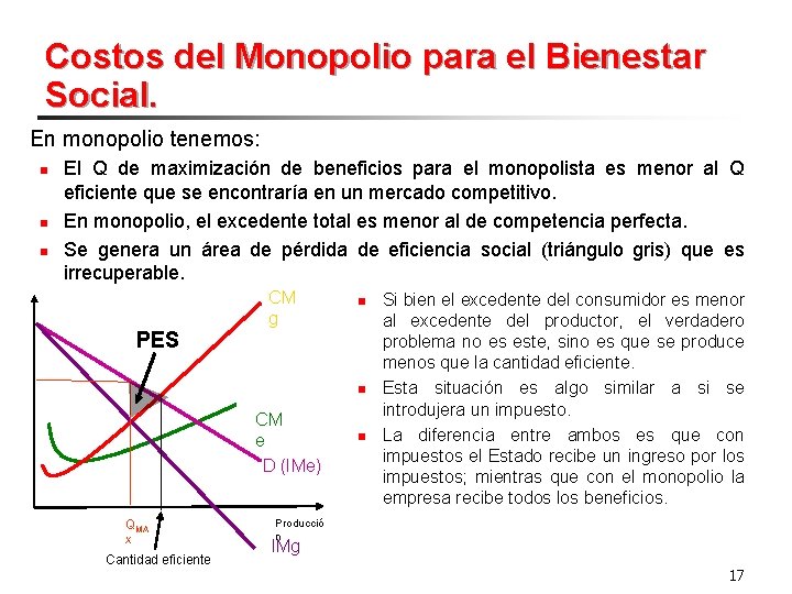 Costos del Monopolio para el Bienestar Social. En monopolio tenemos: n n n El