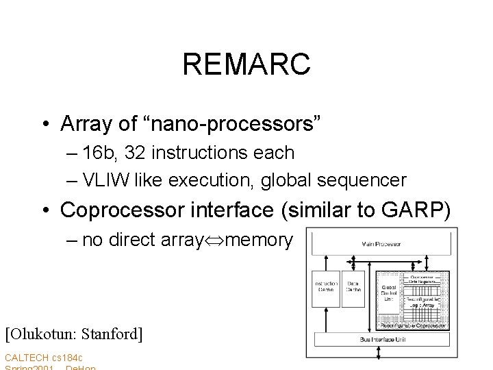 REMARC • Array of “nano-processors” – 16 b, 32 instructions each – VLIW like