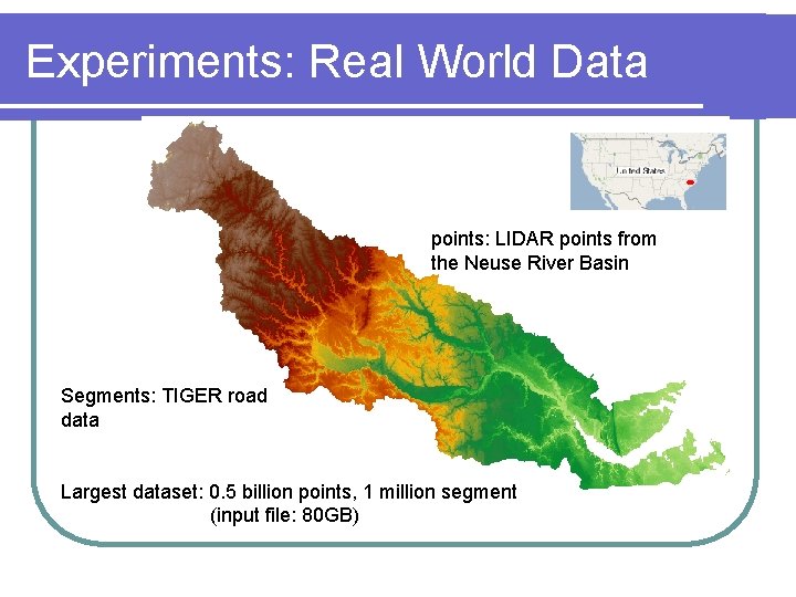 Experiments: Real World Data points: LIDAR points from the Neuse River Basin Segments: TIGER