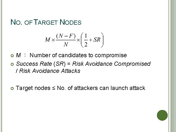 NO. OF TARGET NODES M ： Number of candidates to compromise Success Rate (SR)