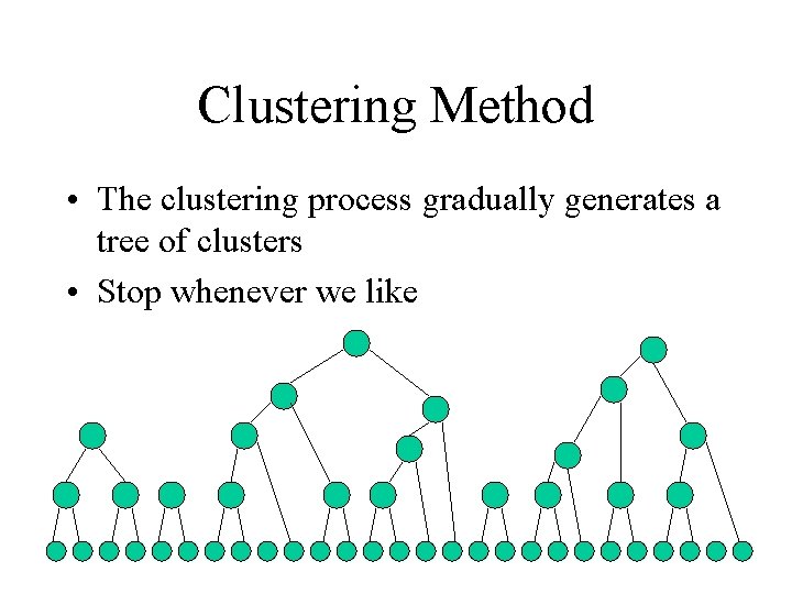 Clustering Method • The clustering process gradually generates a tree of clusters • Stop