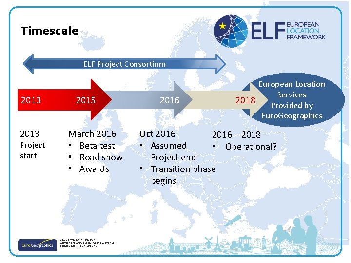 Timescale ELF Project Consortium 2013 Project start 2015 March 2016 • Beta test •