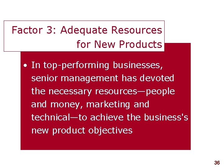 Factor 3: Adequate Resources for New Products • In top-performing businesses, senior management has