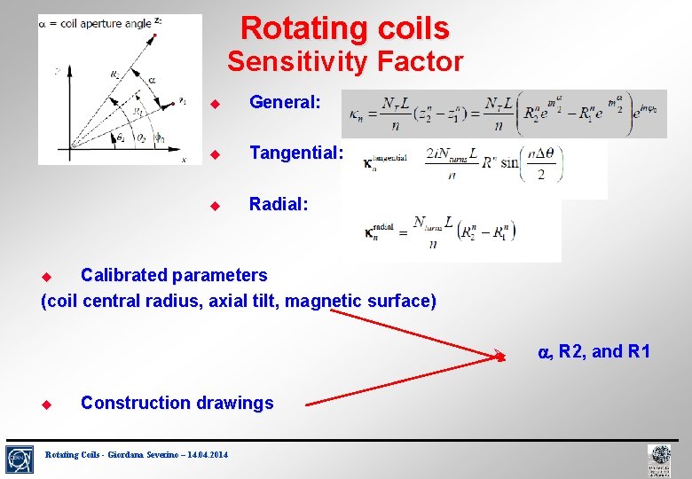 Rotating coils Sensitivity Factor General: Tangential: Radial: Calibrated parameters (coil central radius, axial tilt,