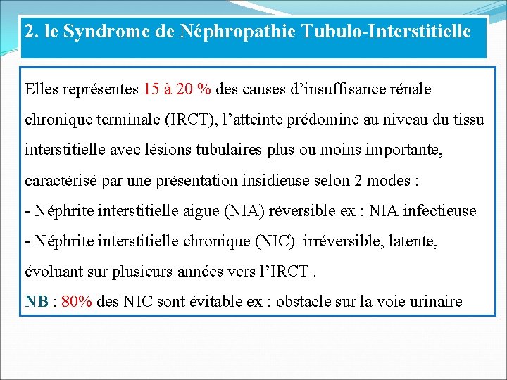 2. le Syndrome de Néphropathie Tubulo-Interstitielle Elles représentes 15 à 20 % des causes