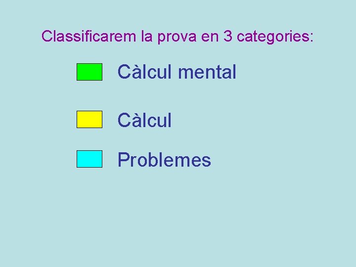 Classificarem la prova en 3 categories: Càlcul mental Càlcul Problemes 