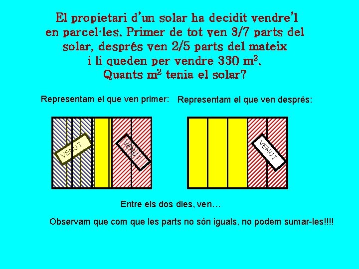 El propietari d’un solar ha decidit vendre’l en parcel·les. Primer de tot ven 3/7