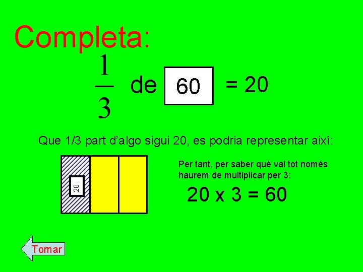 Completa: de 60 = 20 Que 1/3 part d’algo sigui 20, es podria representar