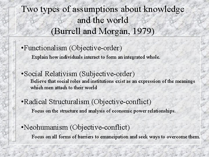 Two types of assumptions about knowledge and the world (Burrell and Morgan, 1979) •