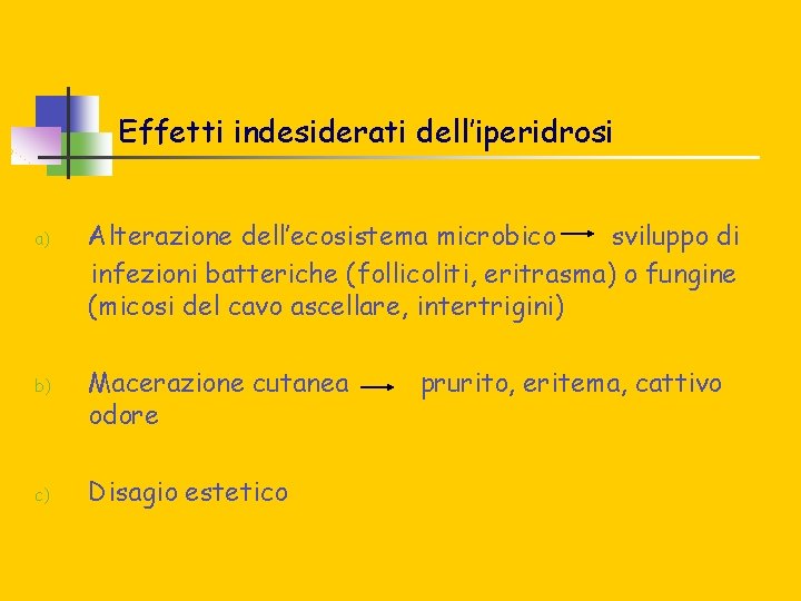 Effetti indesiderati dell’iperidrosi a) b) c) Alterazione dell’ecosistema microbico sviluppo di infezioni batteriche (follicoliti,