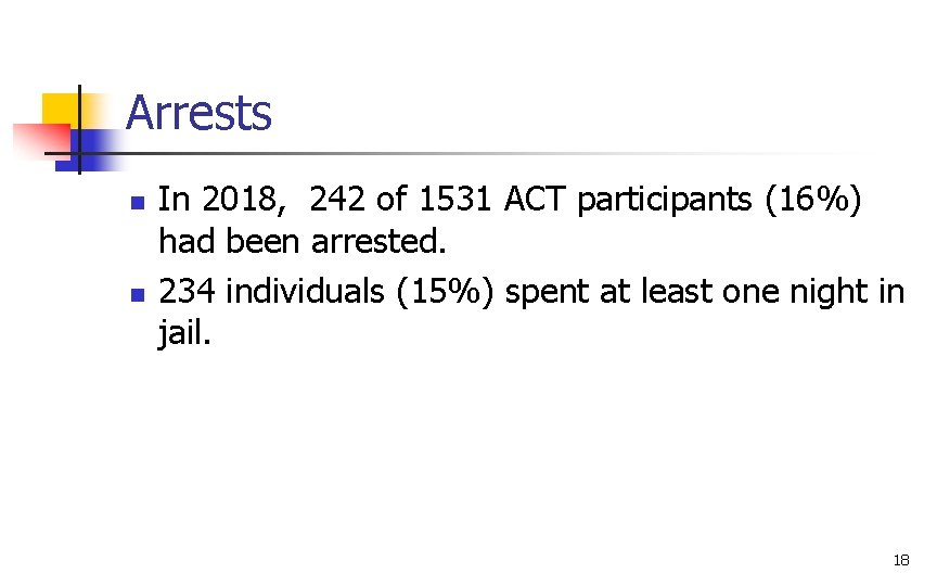 Arrests n n In 2018, 242 of 1531 ACT participants (16%) had been arrested.