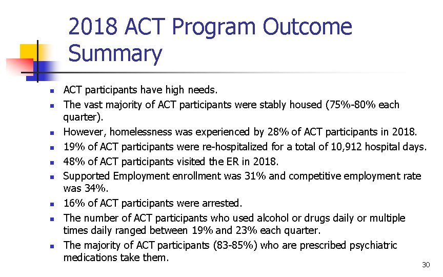 2018 ACT Program Outcome Summary n n n n n ACT participants have high