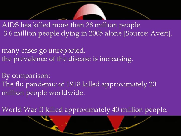 AIDS has killed more than 28 million people 3. 6 million people dying in