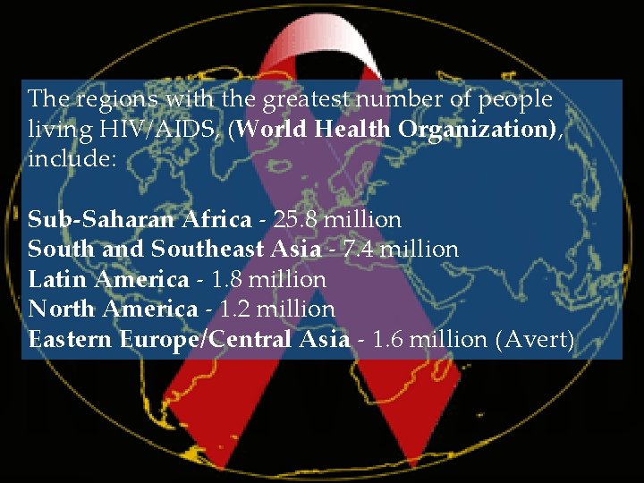 The regions with the greatest number of people living HIV/AIDS, (World Health Organization), include: