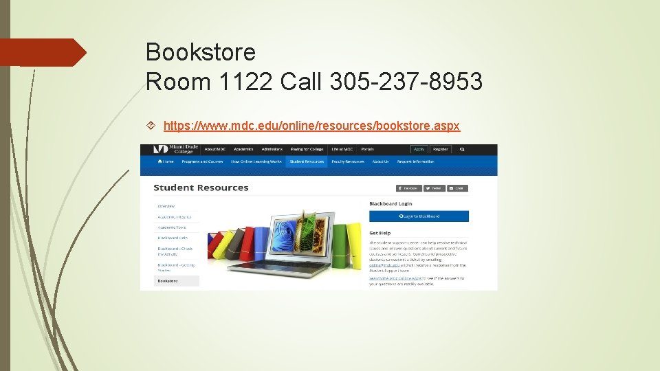 Bookstore Room 1122 Call 305 -237 -8953 https: //www. mdc. edu/online/resources/bookstore. aspx 