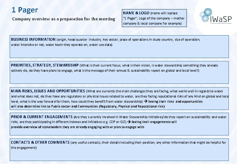 1 Pager Company overview as a preparation for the meeting NAME & LOGO (name