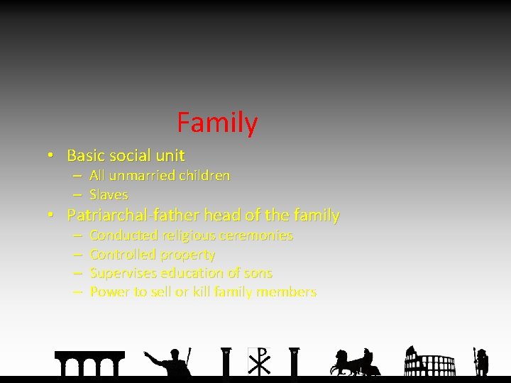 Family • Basic social unit – All unmarried children – Slaves • Patriarchal-father head