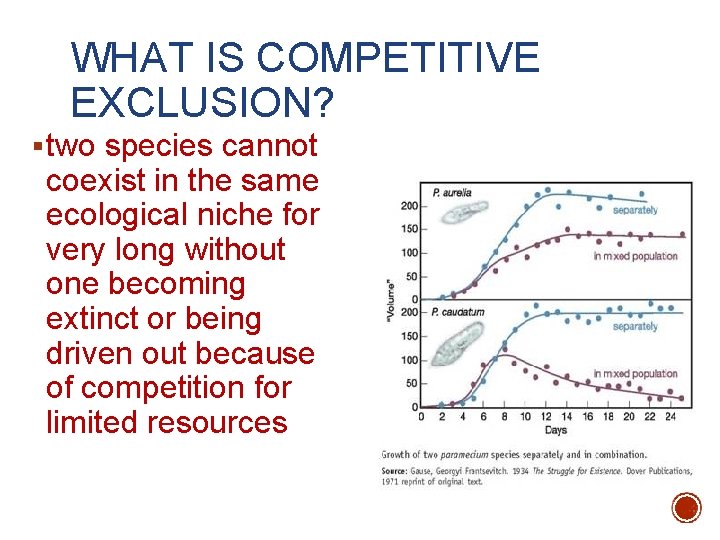 WHAT IS COMPETITIVE EXCLUSION? § two species cannot coexist in the same ecological niche