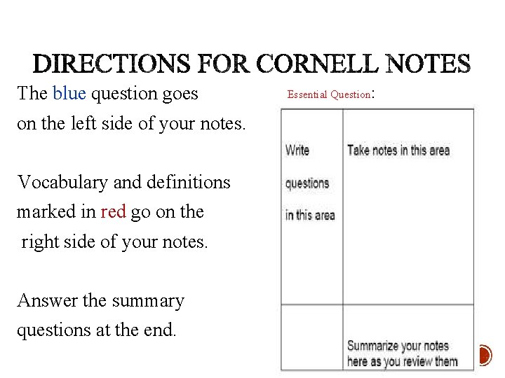 The blue question goes on the left side of your notes. Vocabulary and definitions