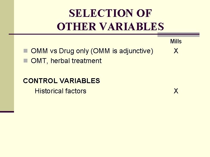 SELECTION OF OTHER VARIABLES Mills n OMM vs Drug only (OMM is adjunctive) X