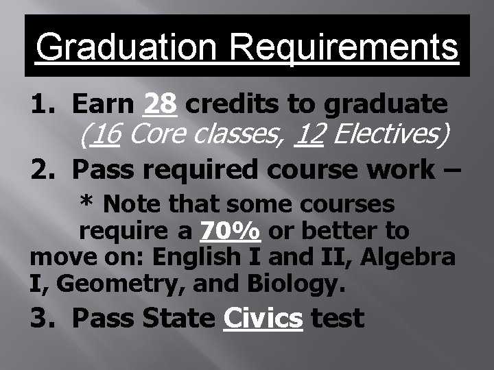 Graduation Requirements 1. Earn 28 credits to graduate (16 Core classes, 12 Electives) 2. Graduation Requirements 1. Earn 28 credits to graduate (16 Core classes, 12 Electives) 2.