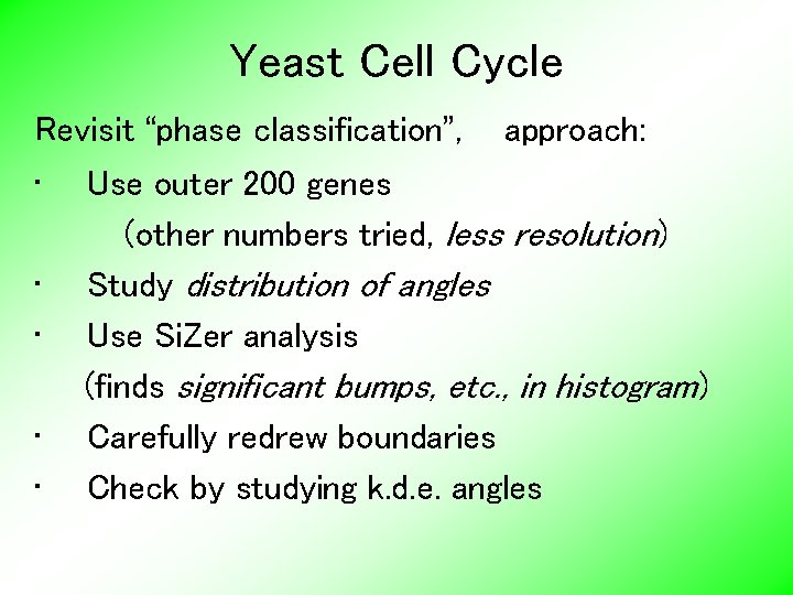 Yeast Cell Cycle Revisit “phase classification”, • • • approach: Use outer 200 genes