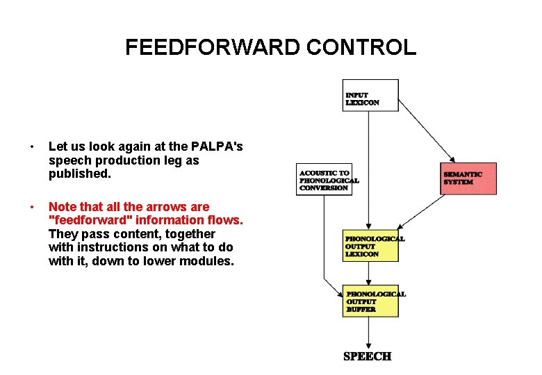 FEEDFORWARD CONTROL • Let us look again at the PALPA's speech production leg as