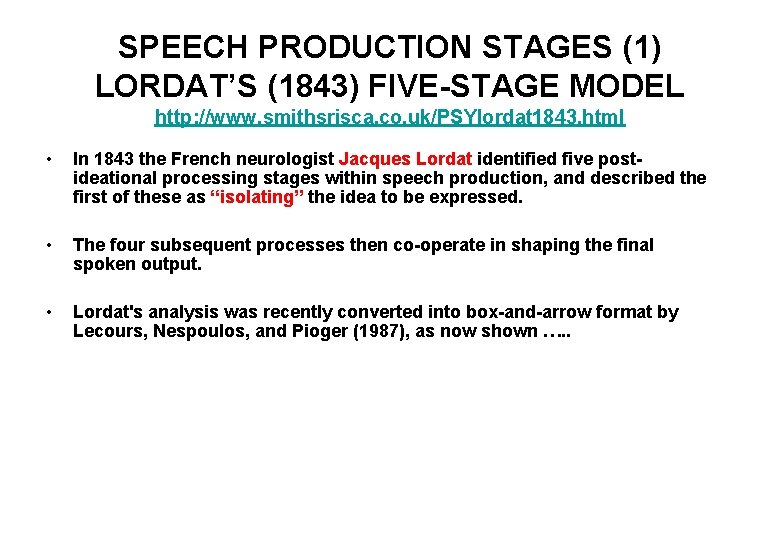 SPEECH PRODUCTION STAGES (1) LORDAT’S (1843) FIVE-STAGE MODEL http: //www. smithsrisca. co. uk/PSYlordat 1843.