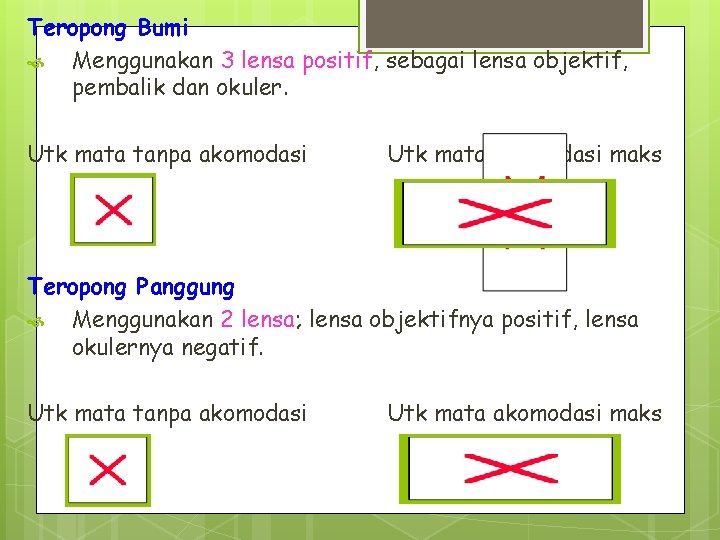 Teropong Bumi Menggunakan 3 lensa positif, sebagai lensa objektif, pembalik dan okuler. Utk mata