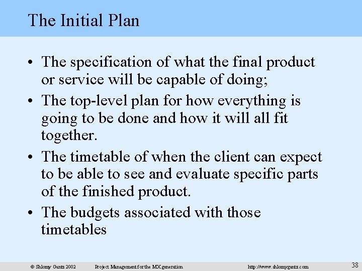 The Initial Plan • The specification of what the final product or service will