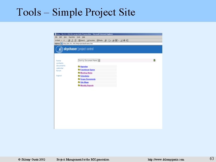 Tools – Simple Project Site © Shlomy Gantz 2002 Project Management for the MX