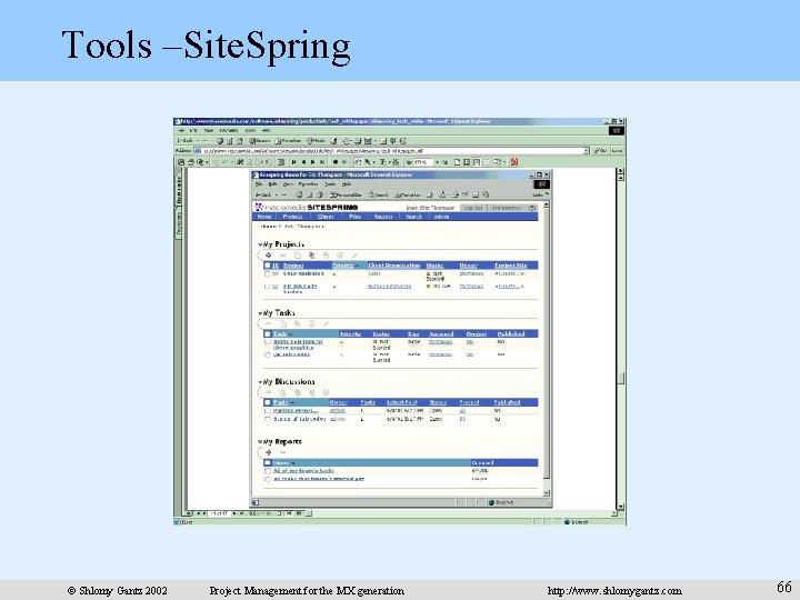 Tools –Site. Spring © Shlomy Gantz 2002 Project Management for the MX generation http: