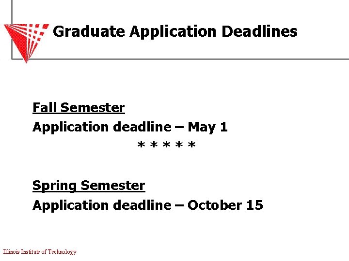 Graduate Application Deadlines Fall Semester Application deadline – May 1 ***** Spring Semester Application