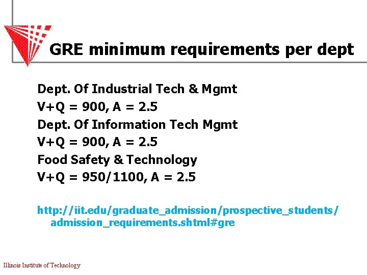 GRE minimum requirements per dept Dept. Of Industrial Tech & Mgmt V+Q = 900,