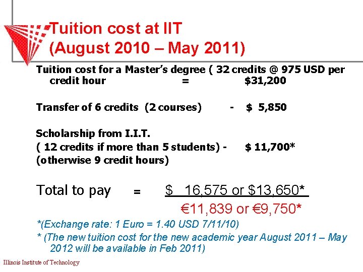 Tuition cost at IIT (August 2010 – May 2011) Tuition cost for a Master’s