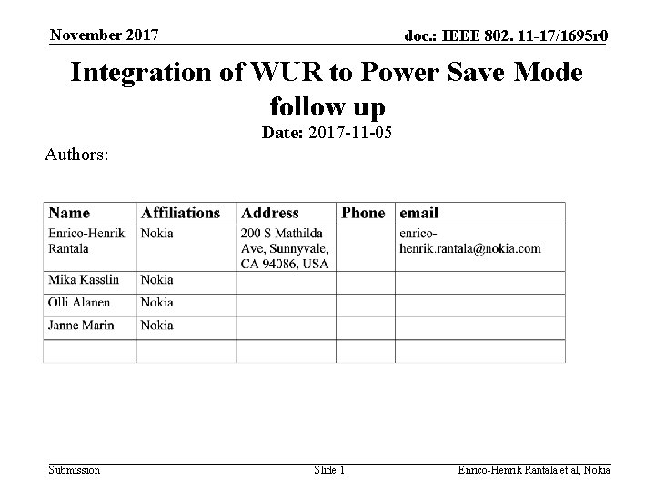 November 2017 doc. : IEEE 802. 11 -17/1695 r 0 Integration of WUR to