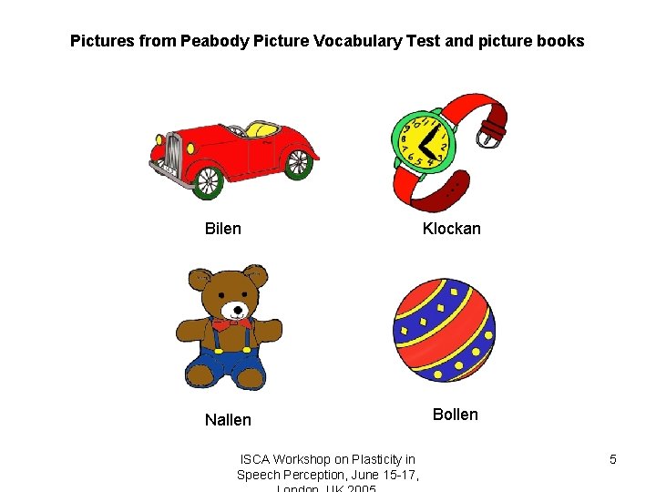 Pictures from Peabody Picture Vocabulary Test and picture books Color enhancement by the authors