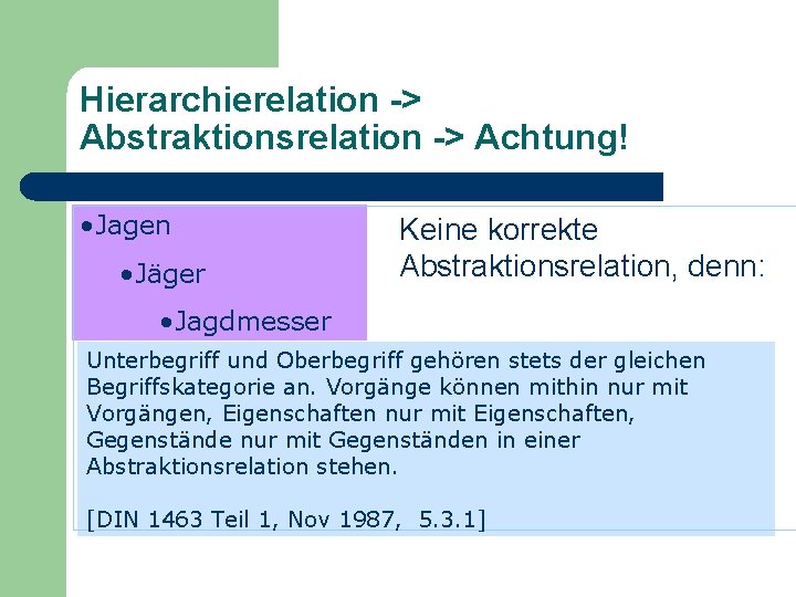 Hierarchierelation -> Abstraktionsrelation -> Achtung! • Jagen • Jäger Keine korrekte Abstraktionsrelation, denn: •