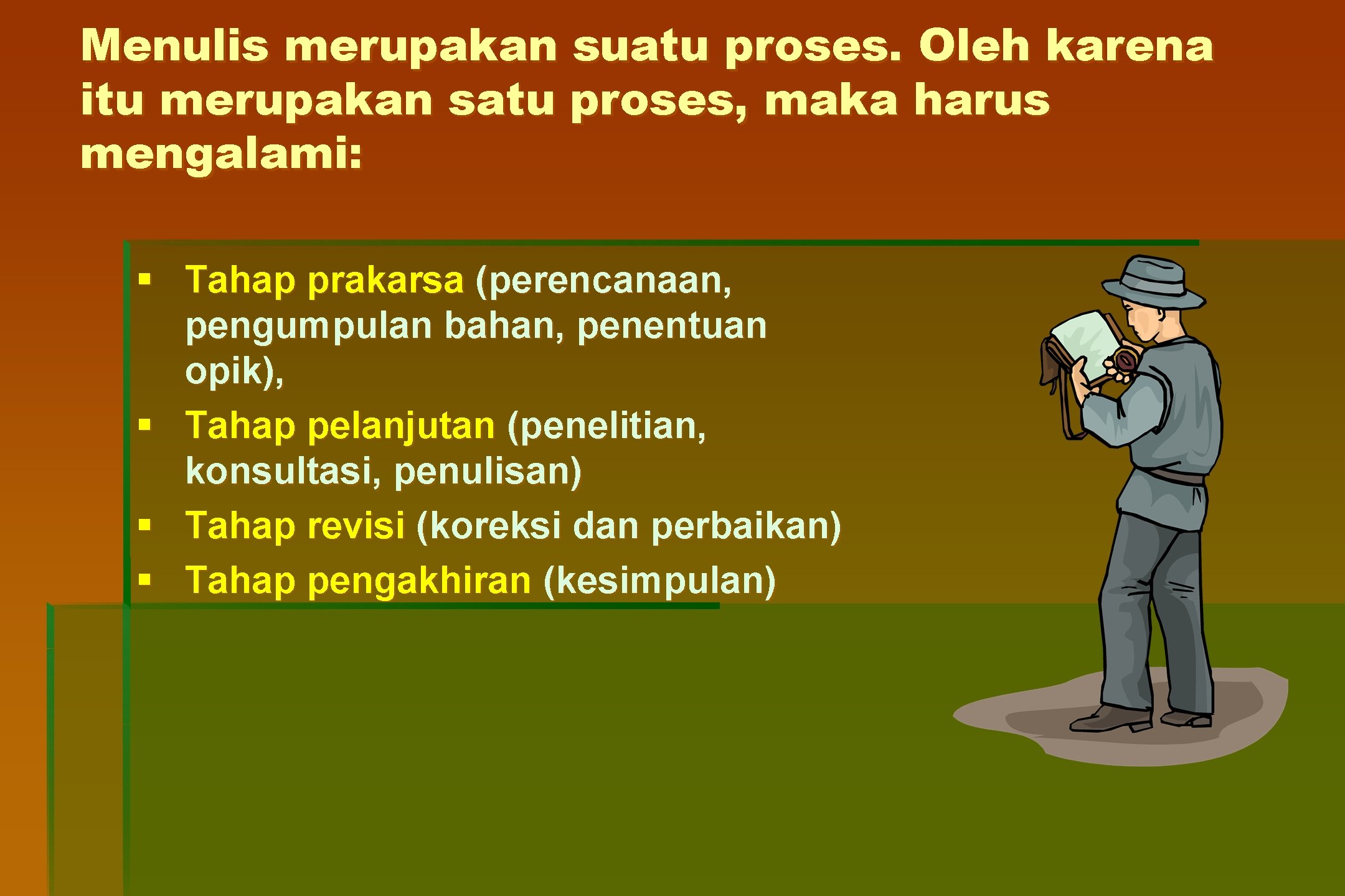 Menulis merupakan suatu proses. Oleh karena itu merupakan satu proses, maka harus mengalami: §