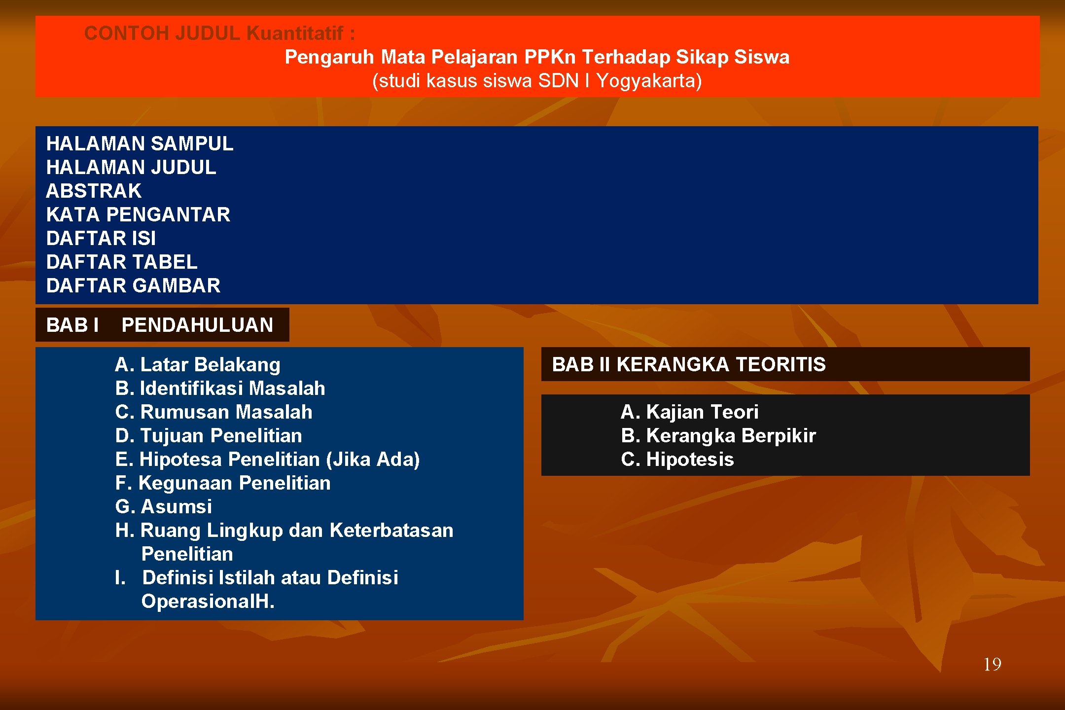 CONTOH JUDUL Kuantitatif : Pengaruh Mata Pelajaran PPKn Terhadap Sikap Siswa (studi kasus siswa