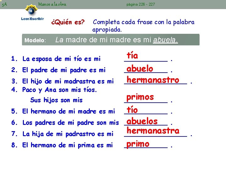 5 A página 226 - 227 Manos a la obra ¿Quién es? Modelo: Completa