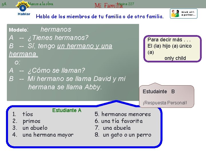 5 A Manos a la obra página 227 Mi Familia Habla de los miembros