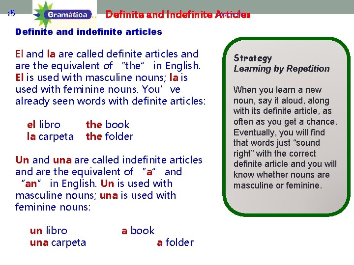 página 60 Definite and Indefinite Articles 1 B Definite and indefinite articles El and