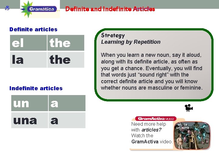 página 60 Definite and Indefinite Articles 1 B Definite articles el la the Indefinite