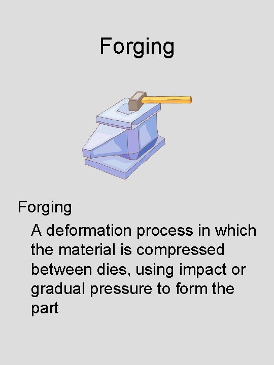 Forging A deformation process in which the material is compressed between dies, using impact