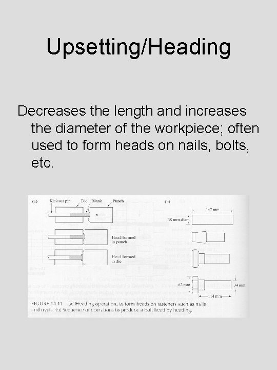 Upsetting/Heading Decreases the length and increases the diameter of the workpiece; often used to