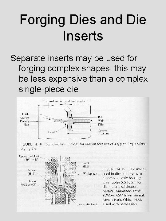 Forging Dies and Die Inserts Separate inserts may be used forging complex shapes; this