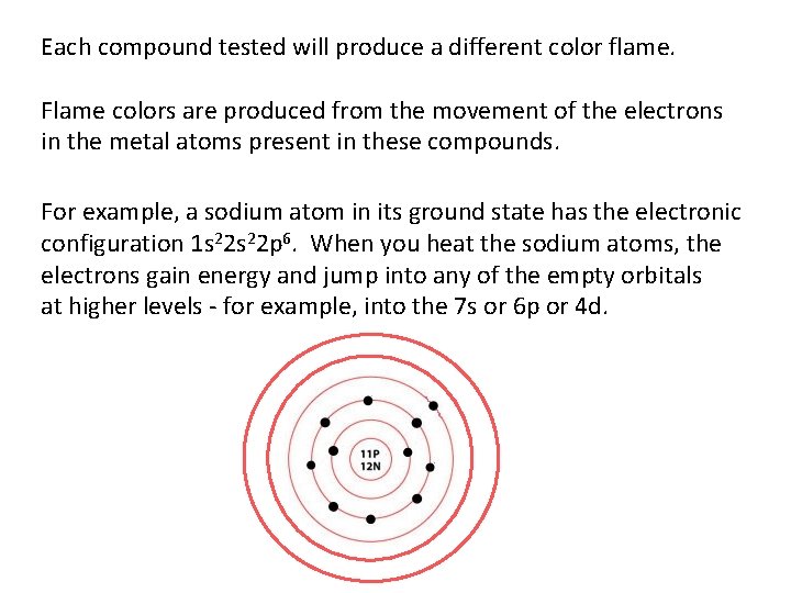 Each compound tested will produce a different color flame. Flame colors are produced from